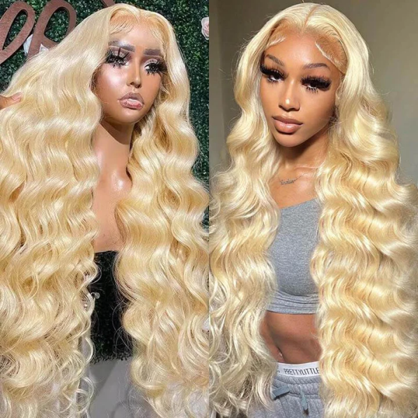 30-Inch Blonde Body Wave Lace Front Wig Displayed On a Mannequin and Worn By a Model