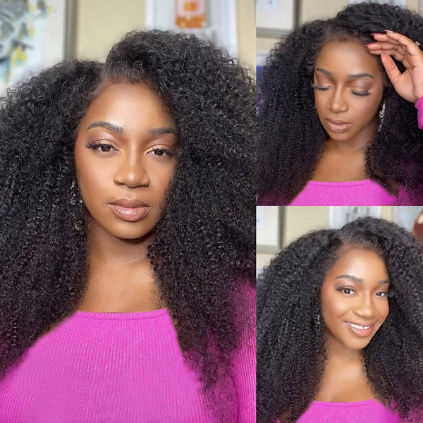Woman modeling a Realistic 4C Hairline 13x4 HD Lace Frontal Wig with Afro Curly texture and high 250 density in three different hairstyles. She is wearing a beige top.
