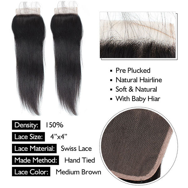 4X4 Straight Black Lace Closure With Pre-Plucked Hairline and Natural Baby Hairs