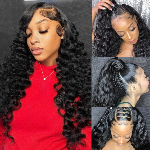 Woman Styled in 32 Inch Loose Deep Wave Wig Showcasing Different Hairstyles