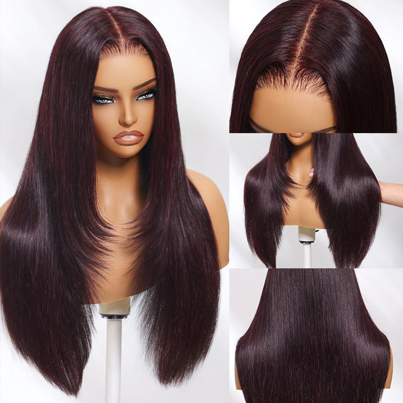 Black Cherry Layered Cut Glueless Wig By Ishow, Human Hair, Straight/Body Wave