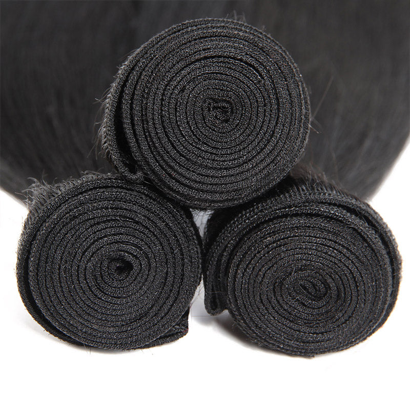 Three Rolled Bundles of Silky Natural Black Human Hair Wefts