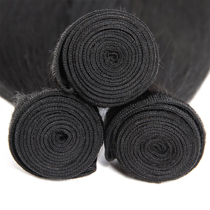 Three Rolled Bundles of Silky Natural Black Human Hair Wefts