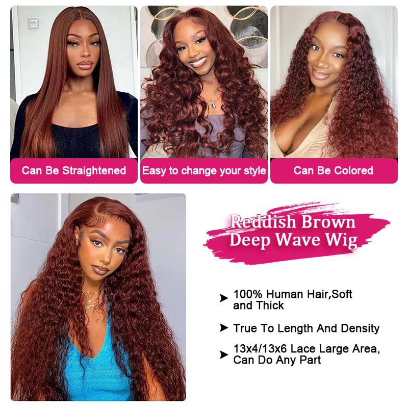 Collage of Models Showcasing Reddish Brown Deep Wave Wigs With Styling Versatility