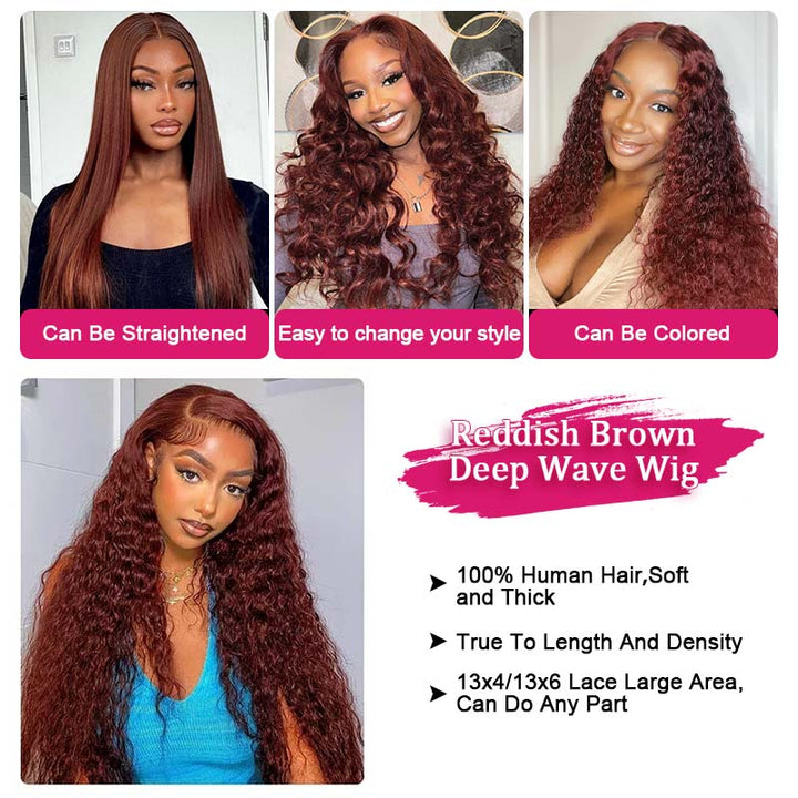 Collage of Models Showcasing Reddish Brown Deep Wave Wigs With Styling Versatility