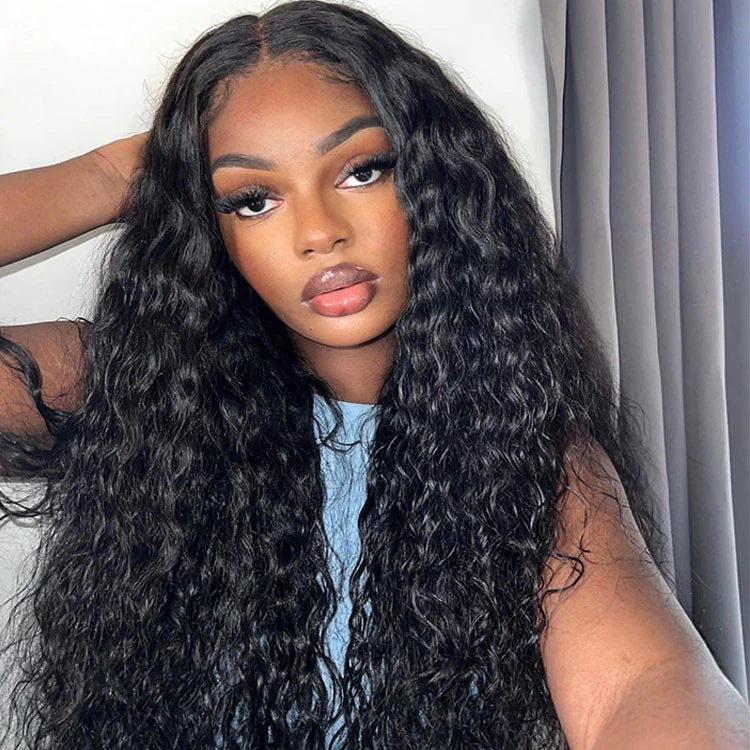 Woman showcasing Ishow Beauty Water Wave V Part Wig, highlighting the natural black wavy texture and high density from different angles.