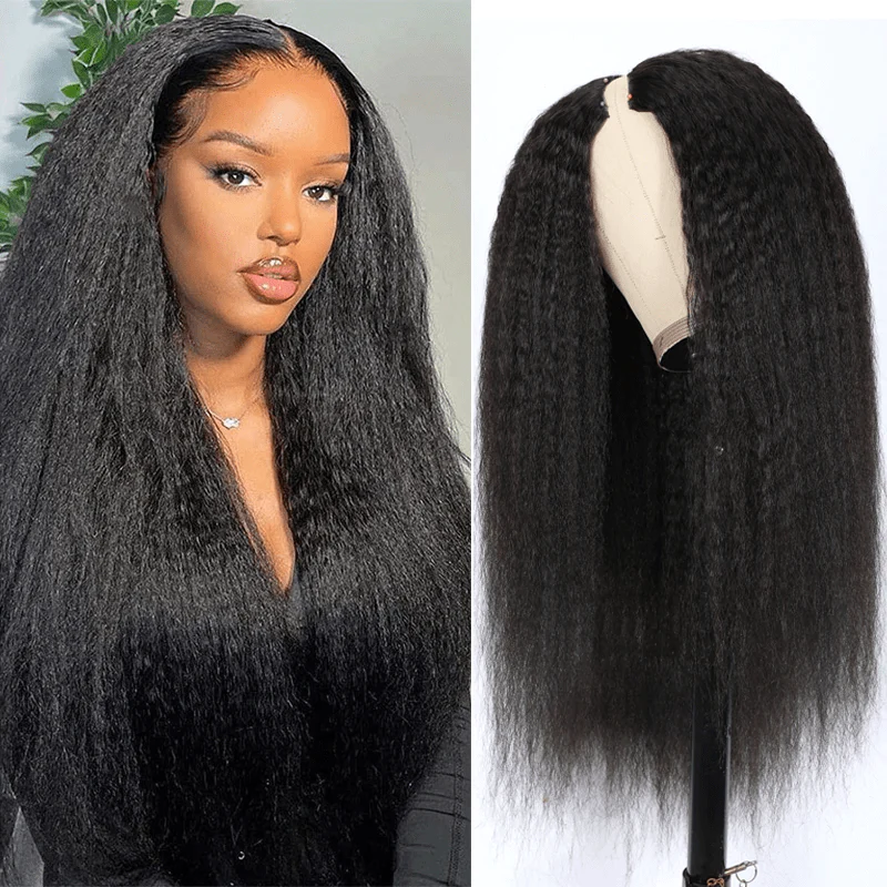 Woman wearing Ishow kinky straight V Part lace wig, 150% density natural black human hair, minimal shedding, no tangle, three angles