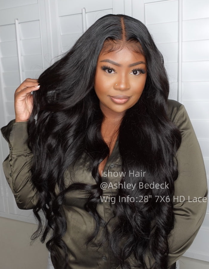 Woman Wearing 28-Inch Natural Black Loose Body Wave Wig By Ishow Hair