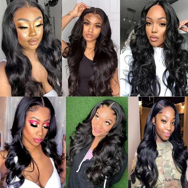 Collage of Models With Long Body Wave Wigs Showcasing Various Styles and Textures