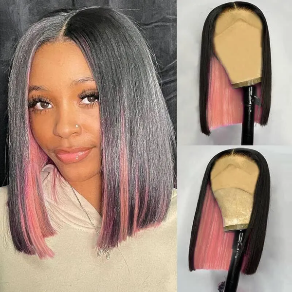 Model With Peekaboo Pink Highlighted Straight Bob Wig On Display