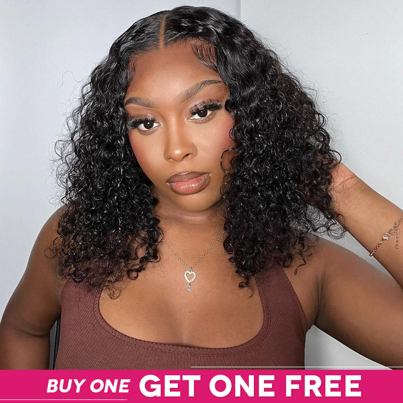 Model With Curly Short Bob Wig Promoting Bogo Free Offer