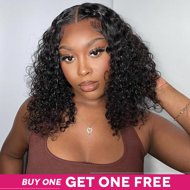 Model With Curly Short Bob Wig Promoting Bogo Free Offer