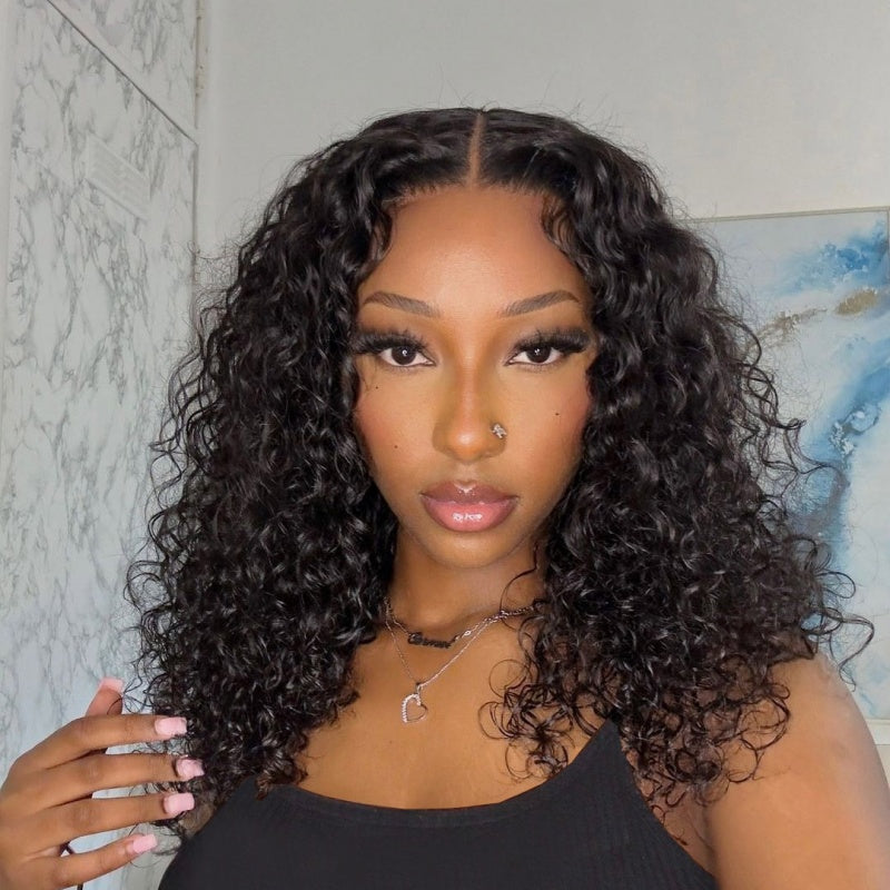 Curly Short Bob Wig Model Showcasing Buy One Get One Free Promotion