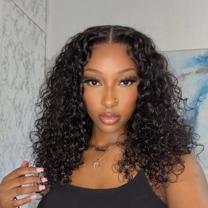 Curly Short Bob Wig Model Showcasing Buy One Get One Free Promotion