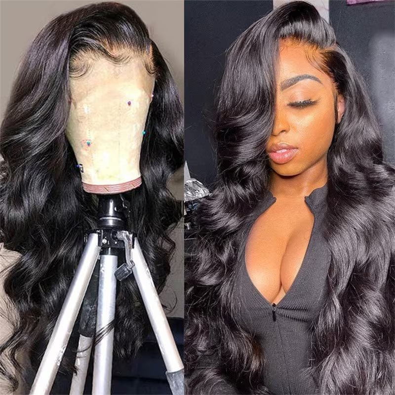 Body Wave Human Hair Wig On Mannequin and Styled On Model With Long Curls