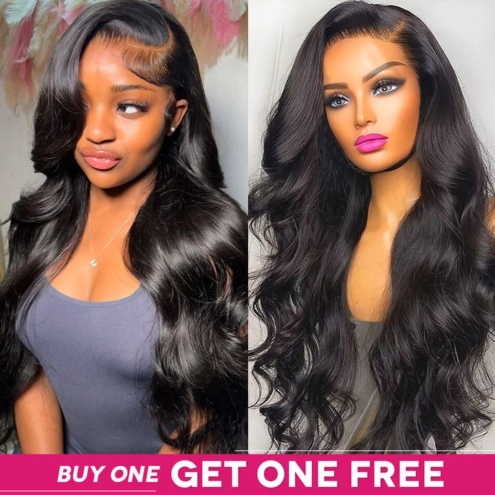 Woman wearing 13x6 HD lace frontal wig in natural black body wave with baby hairs, styled in soft, voluminous waves.