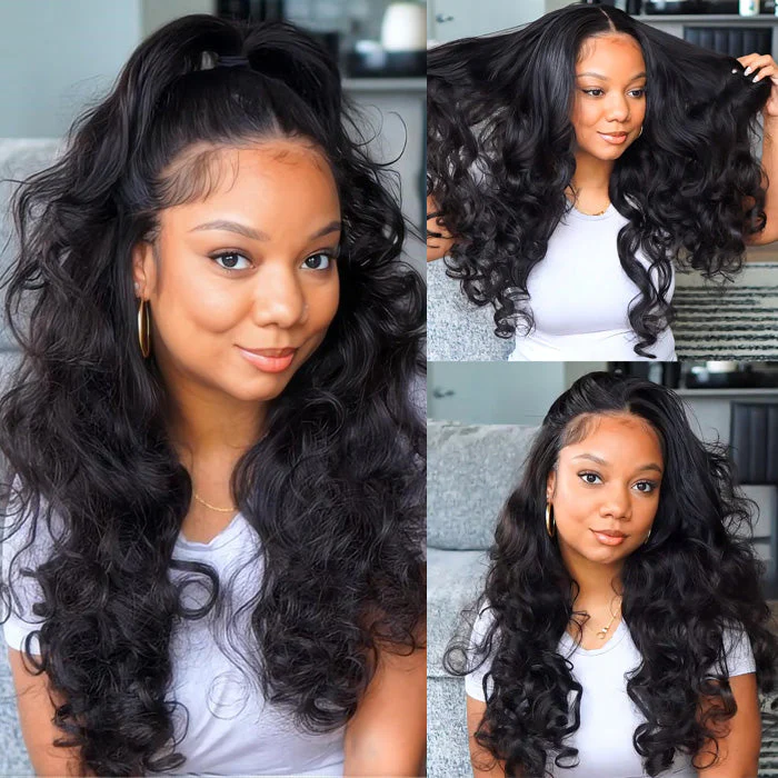 Woman With Half-Up Body Wave Hairstyle Highlighting Natural Black Curls