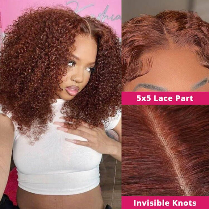 Reddish Brown Curly Wig With 5X5 Lace Part and Invisible Knots