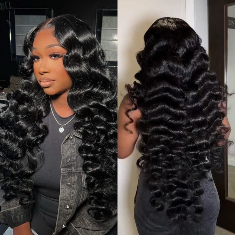 Mannequin wearing Ishow Loose Deep Wave Lace Front Wig 13x4 Lace Frontal Wig with 200% density, styled with defined deep waves and two side buns. The wig is natural black and displayed against a pink and black background. Available at Ishow Beauty.
