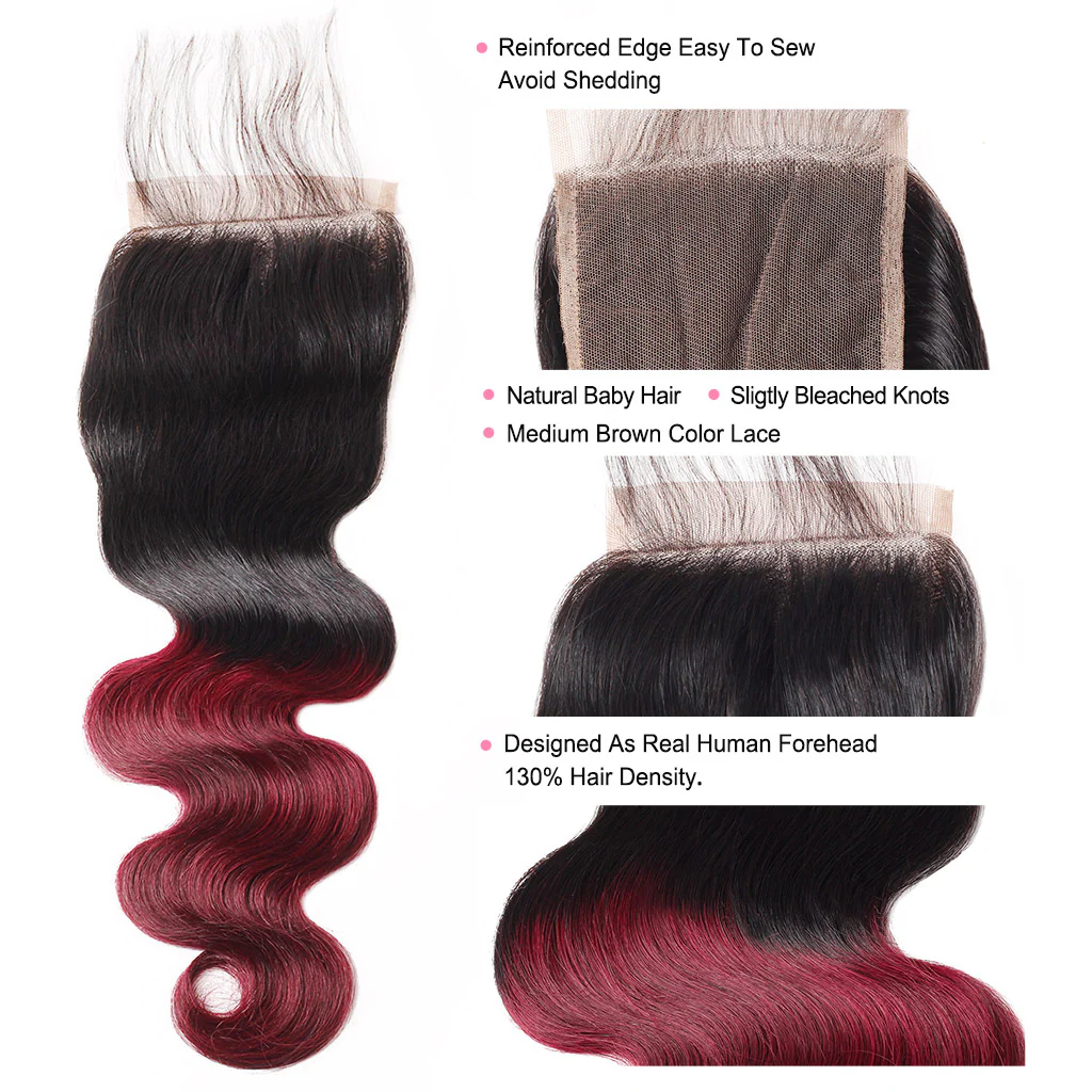 T1B/99J Burgundy Body Wave Lace Closure With Reinforced Edges and Natural Baby Hair