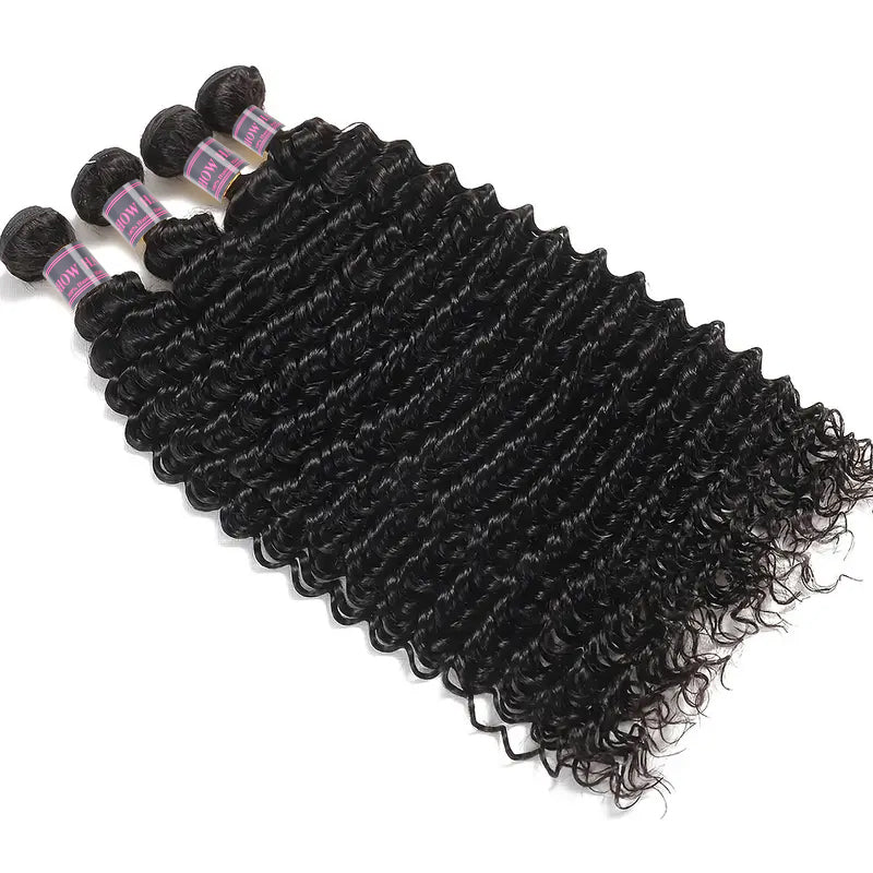 Brazilian Deep Wave 100% Human Hair Extensions, 4 Bundles, Natural Black Color