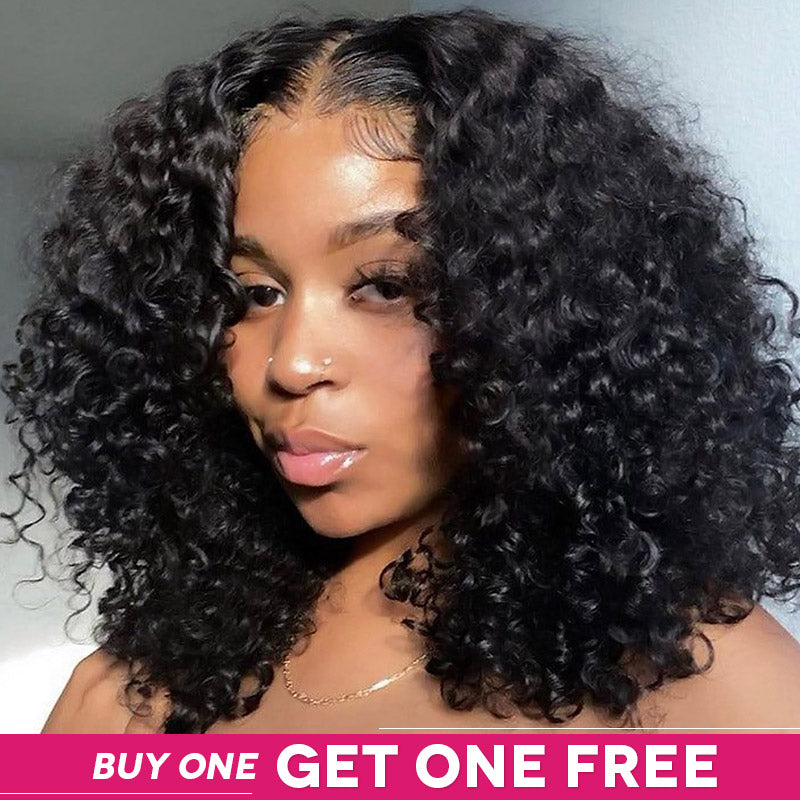 Model Showcasing Short Bob Wig With Loose Curls and Bogo Free Promotion