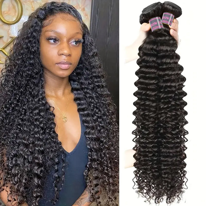 Four bundles of Ishow Hair Brazilian Deep Wave Virgin Human Hair Weave in natural black color, featuring deep wave texture and tangle-free, healthy hair.