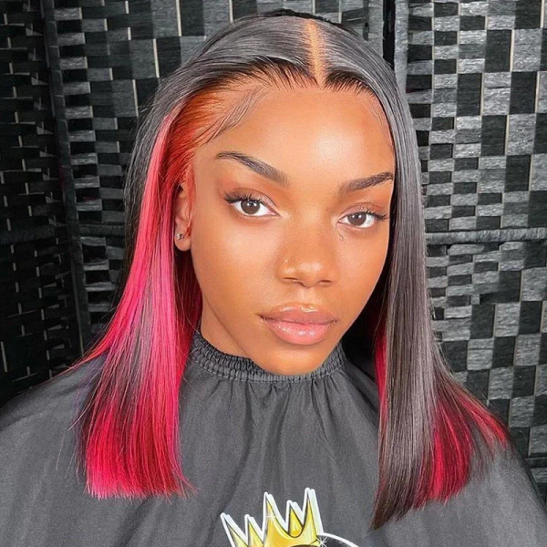 Short Straight Bob Wig Featuring Red Peekaboo Highlights On a Black Base