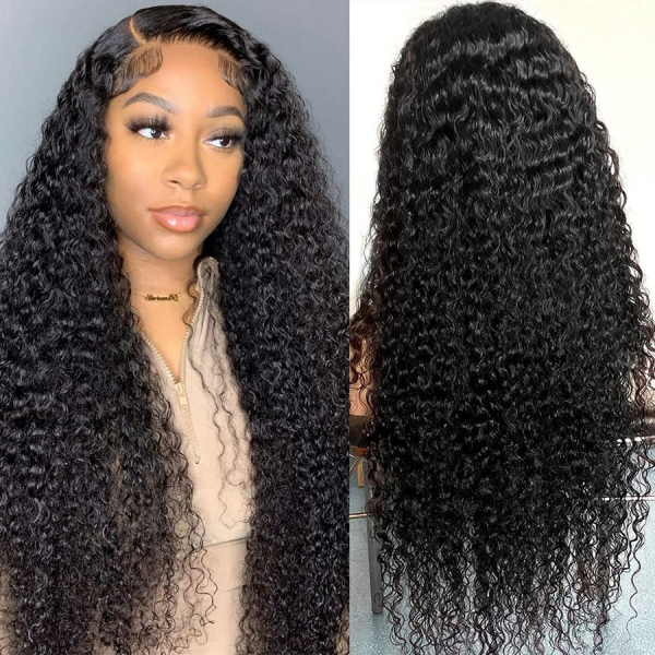Woman wearing a 13x4 lace front wig with Brazilian deep wave texture, natural black color, pre-plucked hairline with visible baby hairs, and styled with braids. She's holding the sides of the wig.