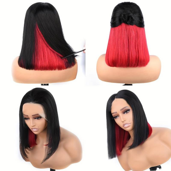 Short Straight Bob Wig With Vibrant Red Peekaboo Highlights On a Mannequin