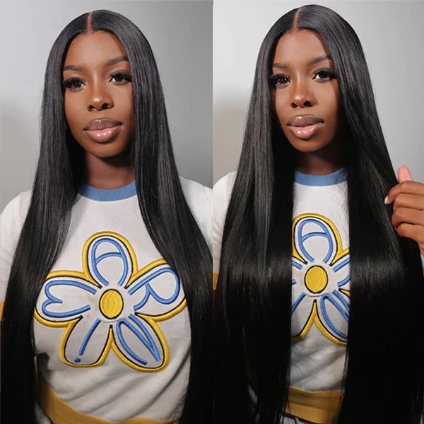 Model Wearing Long, Sleek Remy Straight Hair in Natural Black, Showcasing Shine