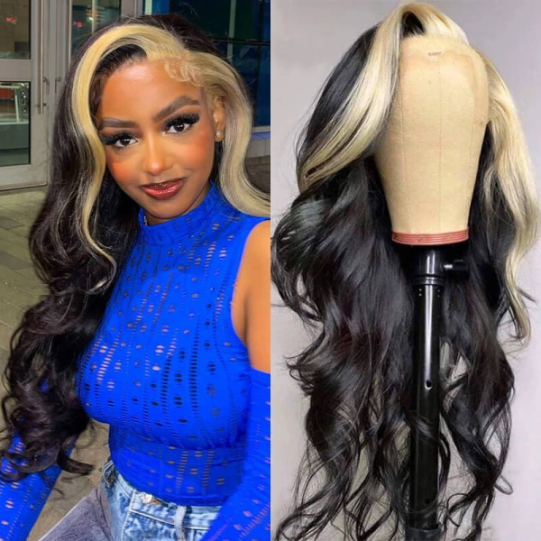 Blonde Skunk Stripe Lace Front Wig Styled On Mannequin and Modeled With Waves
