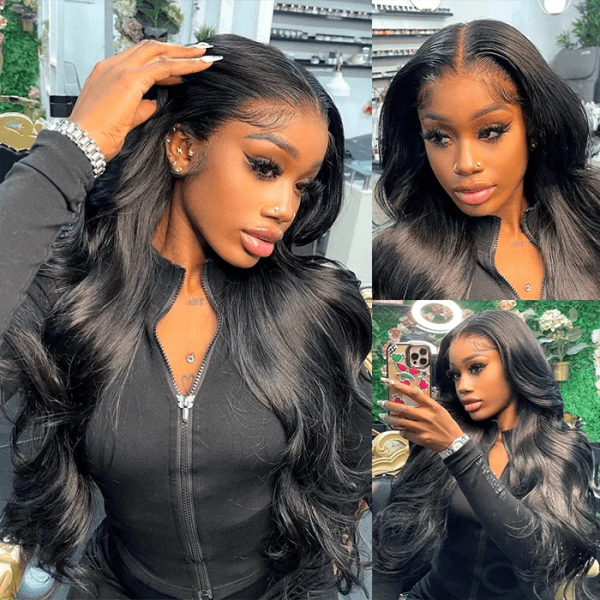 Model Showcasing Shiny Body Wave Wig With Natural Black Color and Elegant Style