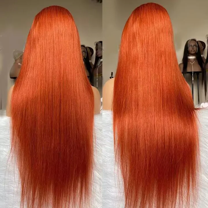Back View of Long Straight Ginger Wig Showcasing Vibrant Color and Shine