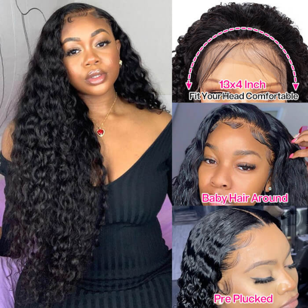 Model Showcasing 34-Inch Water Wave Wig With HD Lace Frontal and Natural Black Color