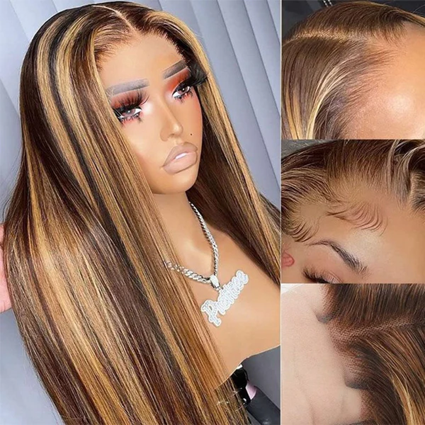 Honey Blonde Body Wave Wig With Highlights, Showcasing Lace Front and Hairline Details