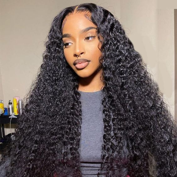 Woman Presenting Luxurious Deep Wave Wig for a Stunning Hairstyle