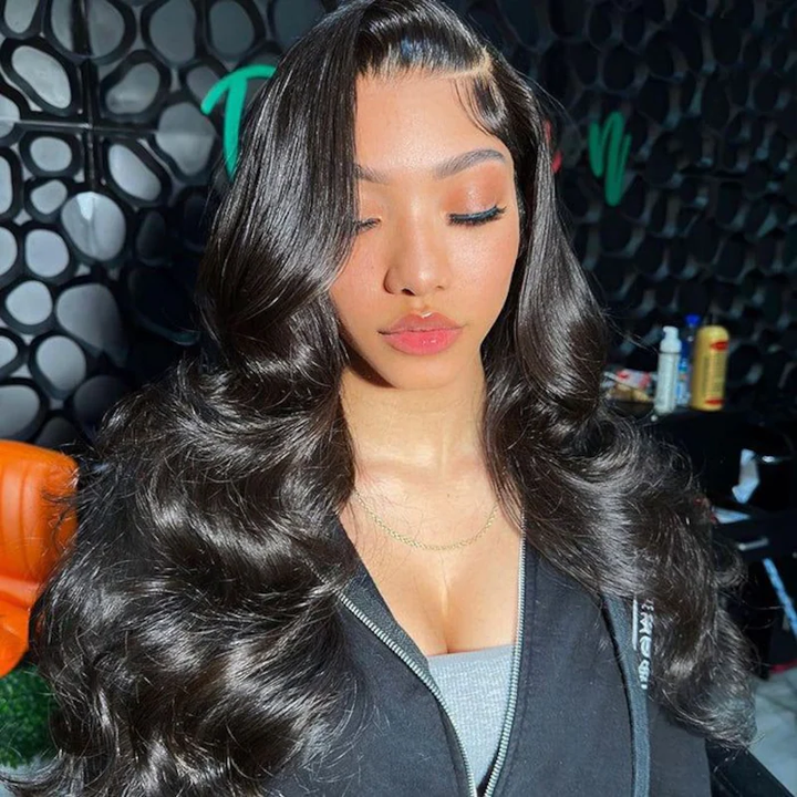 Stunning Model With Long, Sleek Body Wave Human Hair Wig in Natural Black Color