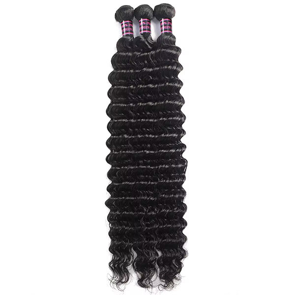 Brazilian Deep Wave Human Hair Bundles in Natural Black Color, 3 Pieces