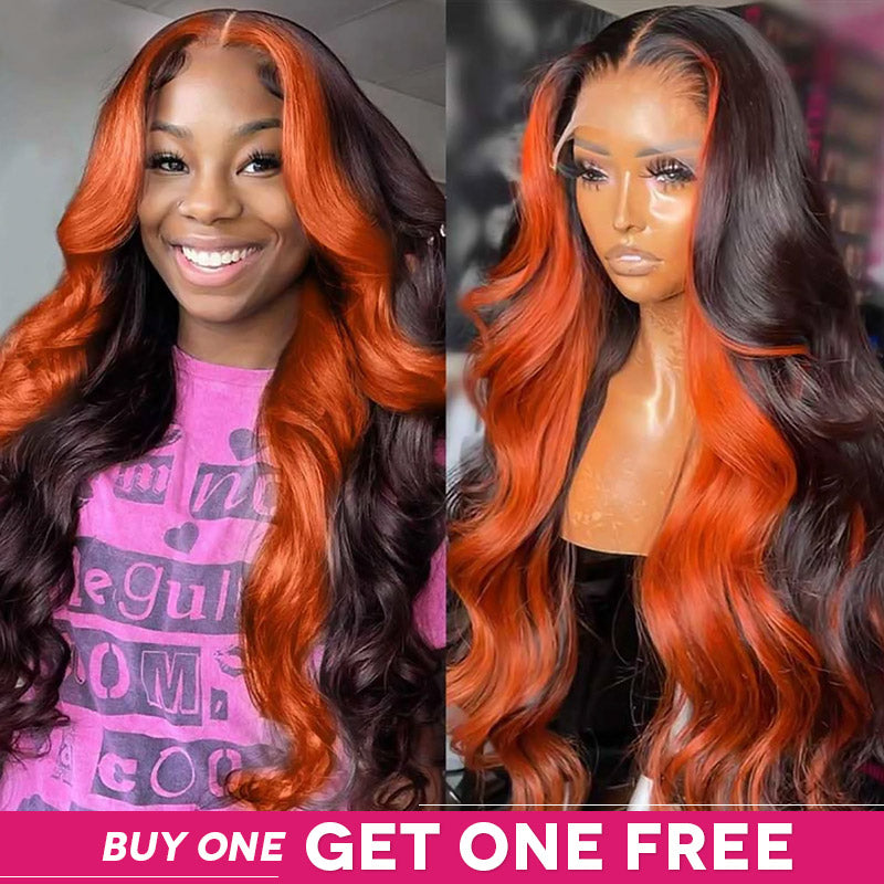 [Ishow Bogo Free] Ginger Black Body Wave Glueless Wigs 13x4 HD Lace Frontal Highlighted Human Hair Wigs