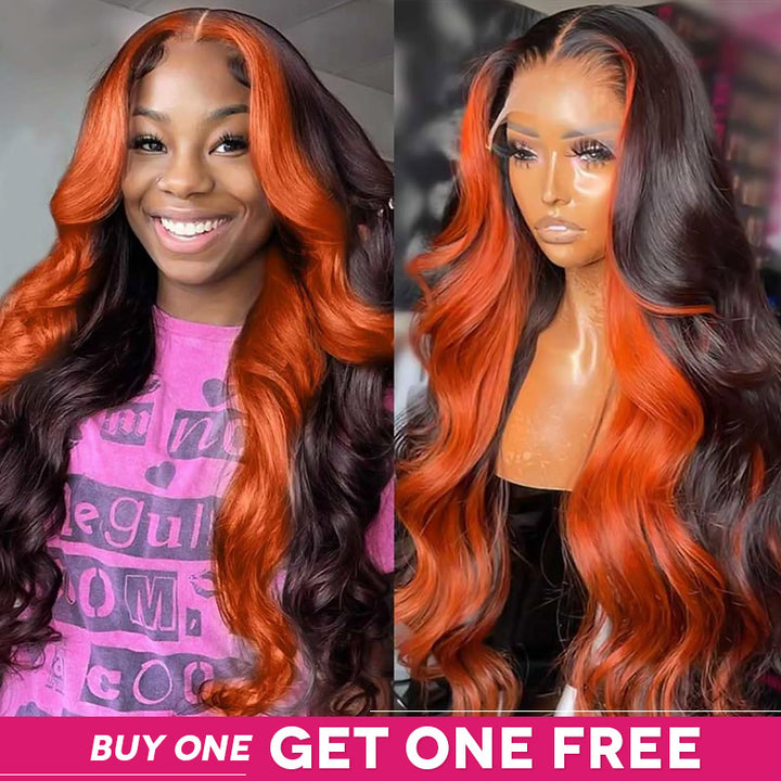 Front and back view of Ishow Beauty's Ginger Black Body Wave Glueless wigs with highlighted ginger and black body wave pattern, showcasing natural look and length.