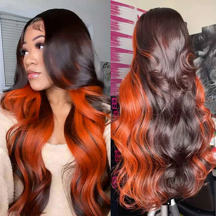 [Ishow Bogo Free] Ginger Black Body Wave Glueless Wigs 13x4 HD Lace Frontal Highlighted Human Hair Wigs