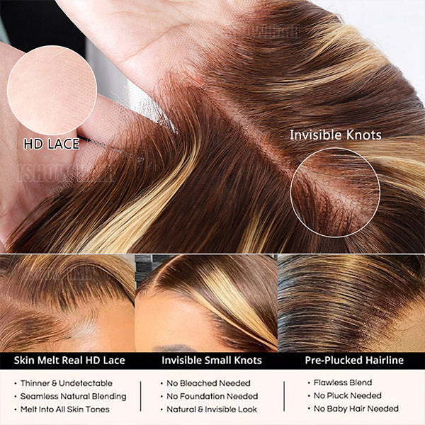 Close-Up of HD Lace and Invisible Knots On Body Wave Highlighted Wig