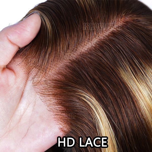 Close-Up of HD Lace With Highlighted Hair On Body Wave Wig, Showing Natural Hairline