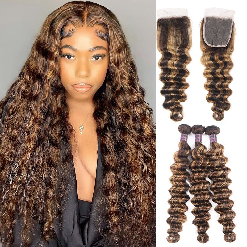 Two honey blonde loose deep wave hair bundles with 4x4 lace closures highlighting features such as 150% density, Swiss lace material, hand-tied method, transparent lace color, pre plucked natural hairline, and bleached knots.