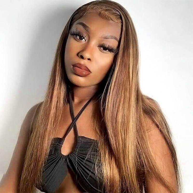 P4/27 Honey Blonde Highlights Lace Front Wig Worn By Model in Black Outfit