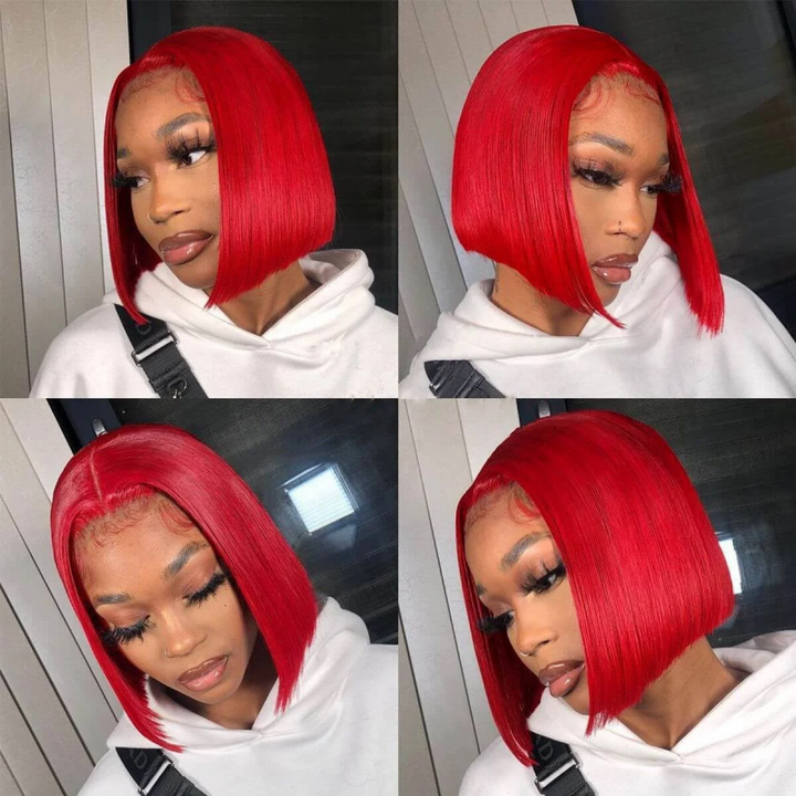 Four Images of a Model in a Straight Red Blunt Bob Wig With a Natural Finish