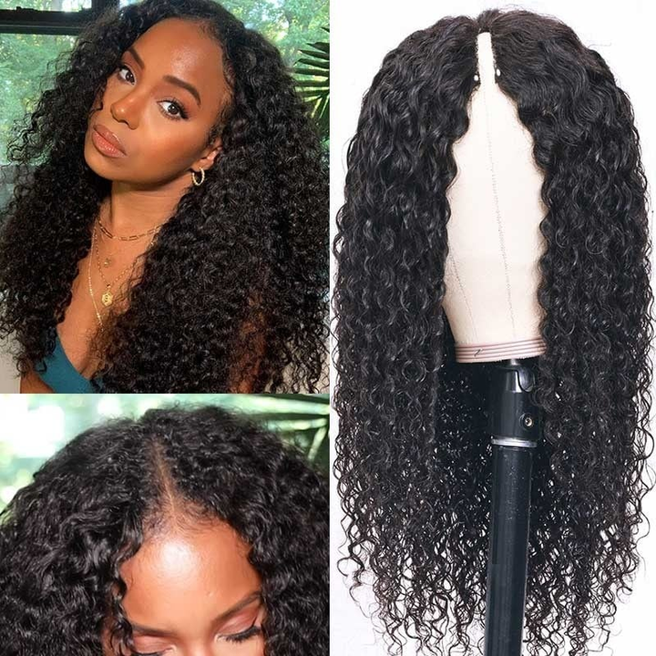 Deep Wave V Part Wig Displayed On Mannequin and Worn By Model With Voluminous Curls