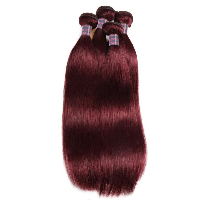 Four 99J Burgundy Straight Hair Bundles With Rich Color and Silky Texture
