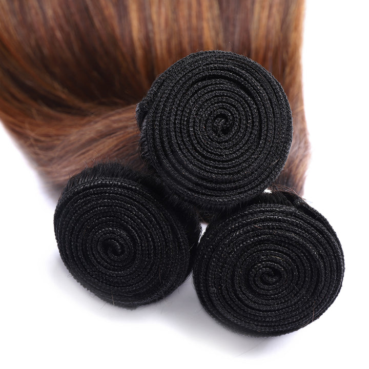 Three Rolled Bundles of T1B 4/30 Straight Human Hair Weave With a Smooth Texture